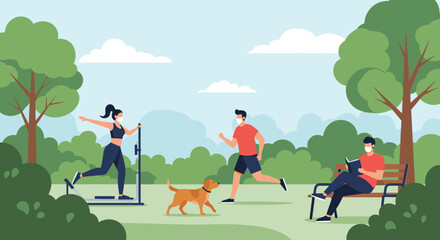 Fototapeta premium People practicing social distancing and wearing masks while exercising and relaxing in a green public park setting.