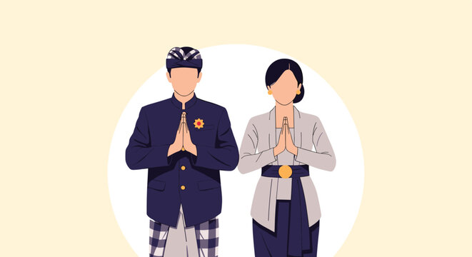 Couple dressed in traditional Indonesian wedding attire performing a respectful greeting gesture on a yellow background.