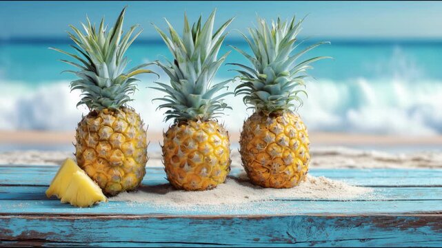 Three ripe pineapples and a slice sitting on a wooden table with a beautiful sandy beach behind