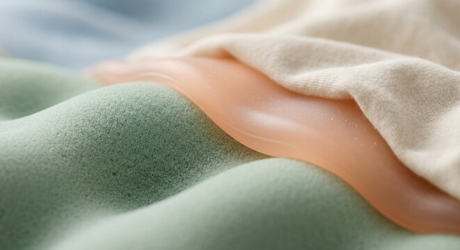 Macro Close-up of Mixed Textures Featuring Green Foam, Peach Gel, and Soft Beige Fabric