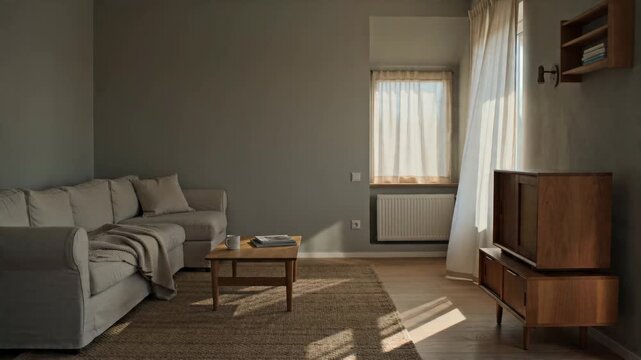 Sunlit Empty Living Room with Modern Sofa, Wooden Coffee Table, and Vintage Cabinet in a Cozy Home