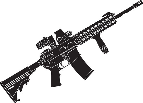 Tactical M4 Carbine Silhouette with Red Dot Sight and Magnifier - Modern AR-15 Assault Rifle Vector