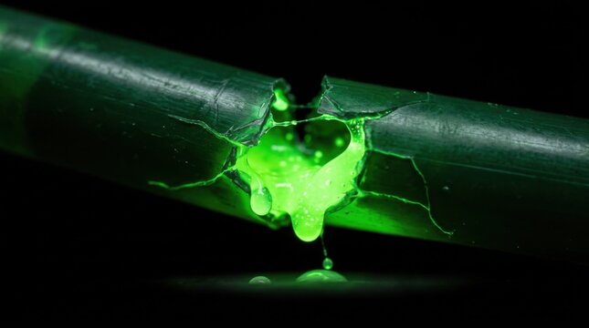 Glowing green liquid leaking from a broken pipe in the dark.