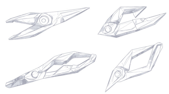 Four stylized illustrations of futuristic, angled objects in varying perspectives