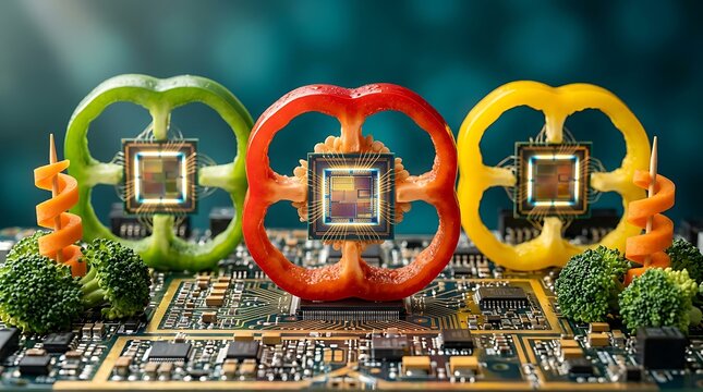 Potongan paprika merah hijau dan kuning di atas papan sirkuit komputer dengan chip dan kabel spiral