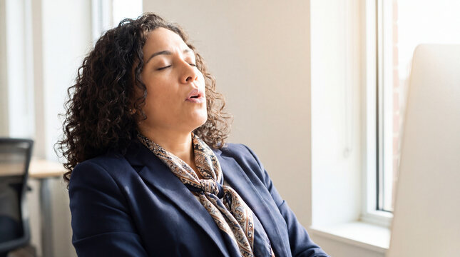 Woman in business suit taking deep breath and resting eyes in bright office, conveying fatigue and stress relief during workday