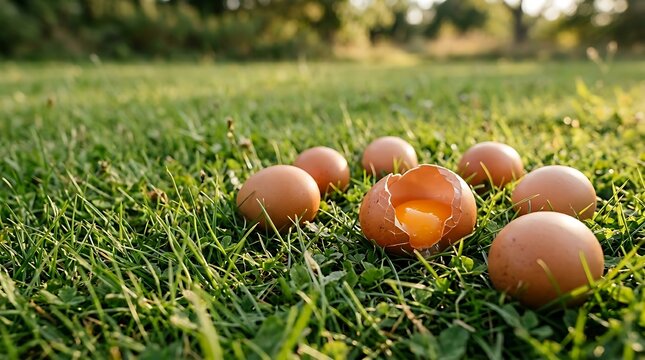 Telur ayam cokelat utuh dan pecah di atas rumput hijau di taman alami
