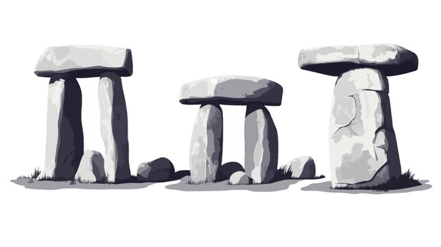 A grayscale, illustrative image of three megalithic structures, each composed of stones