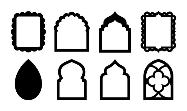 Ornate Architectural Window Frames & Arches Vector Set, Decorative Islamic & Indian Style Borders, Black Geometric Shapes for Design
