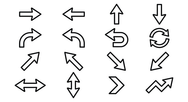 Collection of simple black and white arrow icons with varied directions