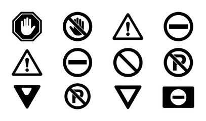 Collection of 12 Black and White Prohibition and Warning Road Signs, Vector Icons for Traffic Control and Safety Information © Sulaiman
