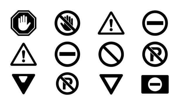 Collection of 12 Black and White Prohibition and Warning Road Signs, Vector Icons for Traffic Control and Safety Information