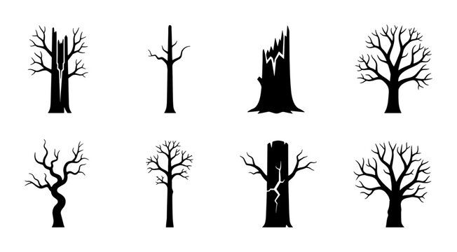 Set of 8 Silhouette Dead Trees, Spooky Bare Branches, Autumn Forest Icons, Halloween Nature Elements, Vector Graphics