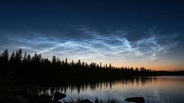 Noctilucent Clouds Over Lake and Forest at Twilight.