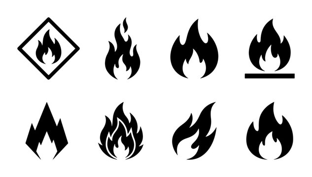 Set of 8 Black Fire Icons, Flame Symbols, and Warning Signs for Heat and Danger, Vector Graphics for Safety and Energy Concepts