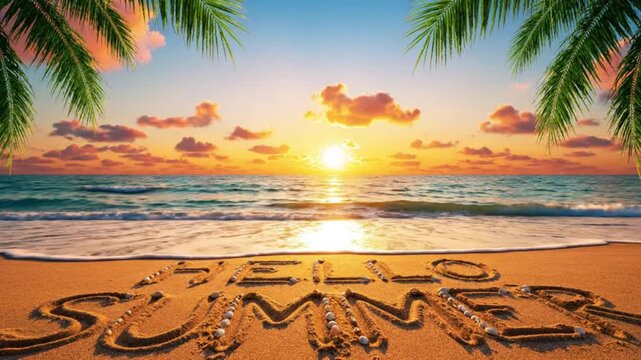 Hello summer written in sand on a beach at sunset with palm trees and a vibrant sky