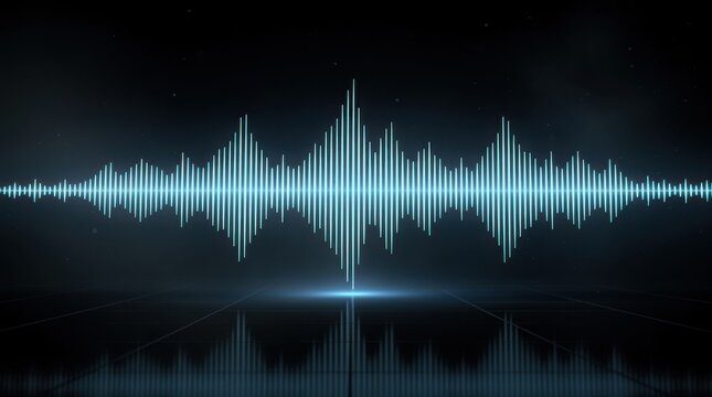 Digital soundwave visualization with glowing blue and white lines on a dark background, reflecting audio frequencies in a futuristic style.