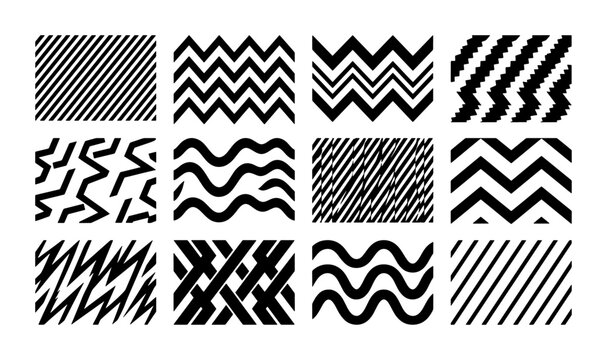 Abstract Geometric Patterns, Black and White Vector Textures, Modern Graphic Design Elements, Retro Memphis Style Backgrounds, 12 Seamless Repeating Designs