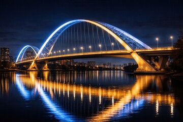 Fototapeta premium Modern illuminated bridge at night with reflection on river and city lights urban architecture scene