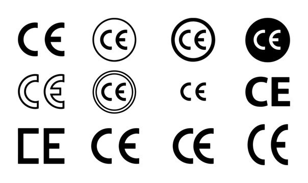 CE Mark Icons Set, European Conformity Certification Symbols, Product Safety Compliance Badges, Vector Graphics Collection