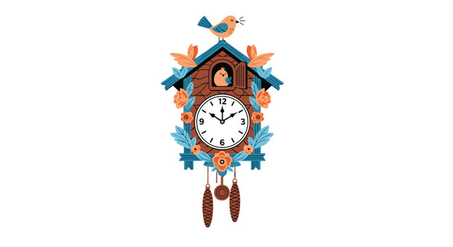Charming traditional cuckoo clock decorated with a bird on top, orange flowers, and hanging weights against a plain white background.