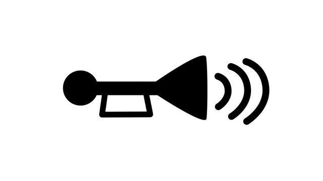 A black minimalist horn icon with animated sound waves pulsing against a solid white background.