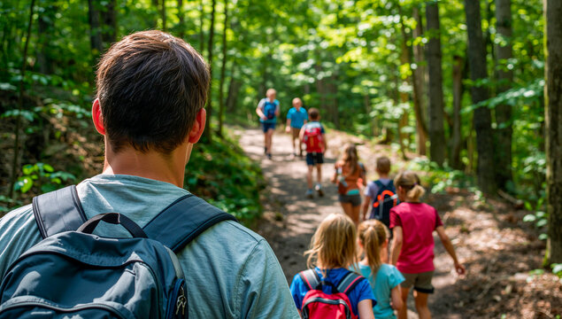 Camp counselor leading a group of children with backpacks on a hiking trail through a lush green forest during summer camp