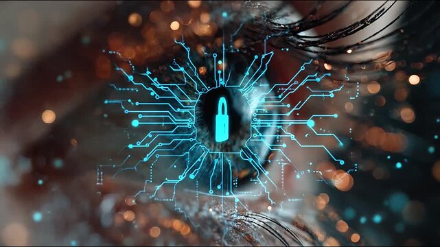 Biometric eye scan with blue padlock for data protection
