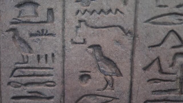 Ancient egyptian hieroglyphs carved on a historic stone wall. Archaeological writing from the pharaohs' era revealing the culture and mythology of an ancient civilization