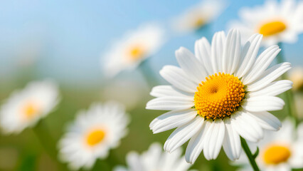Fototapeta premium White daisy flowers close-up of blooming chamomile in a summer meadow under a blue sky