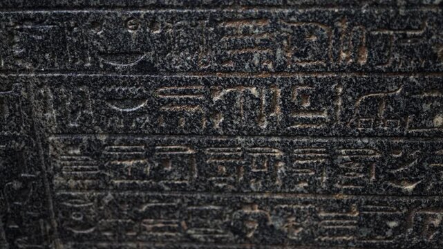 Ancient egyptian hieroglyphs carved in stone wall. Close-up view of a historic script with detailed symbols and characters revealing the art of an ancient civilization