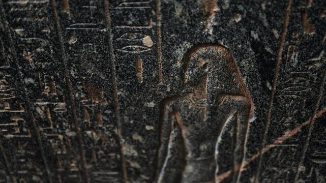 Ancient egyptian hieroglyphs and carvings on a dark stone wall showing a pharaoh or deity, representing the antique history, culture, and archaeology of egypt's civilization