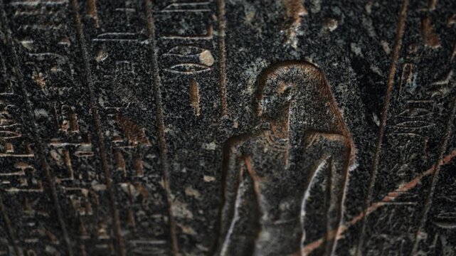 Ancient egyptian hieroglyphs with a pharaoh carving on a dark stone wall, showcasing the intricate scripture and art of the historic civilization from a museum exhibit