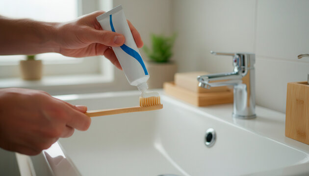 Person applying toothpaste to a bamboo toothbrush over a bathroom sink for eco-friendly dental hygiene