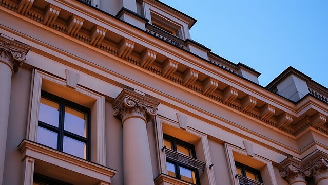 Classical architecture cornice featuring conical guttae details under soft window light.