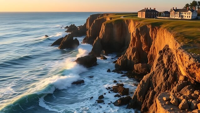 New England shoreline with waves breaking against rugged rock formations.