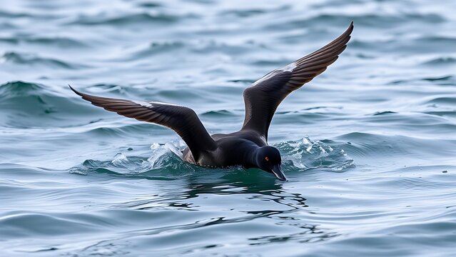 A black scoter duck dives in icy ocean water with wings partially spread, captured in motion.