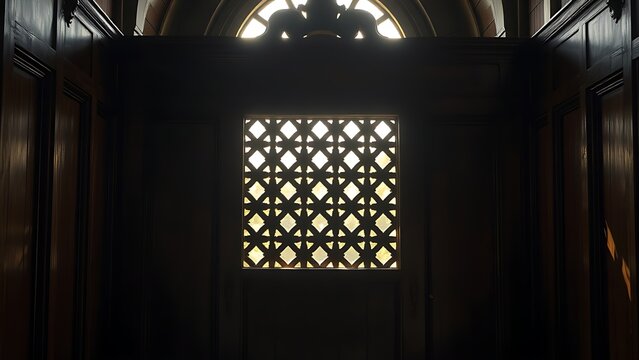 A vintage wooden confessional booth with light filtering through its lattice grill.
