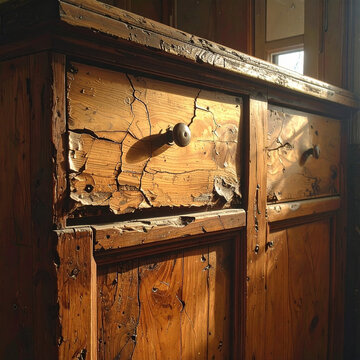 Old weathered wooden cabinet with cracked paint.