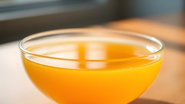 Crystal clear glass bowl filled with golden consomme soup, natural window lighting.