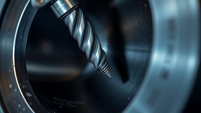 Close-up of a tool machining a metal cylinder, industrial detail.
