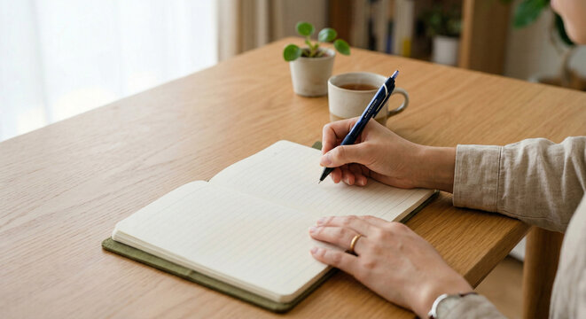 Close-up of person writing in notebook at wooden desk with pen and coffee cup, journaling and planning concept in calm home environment