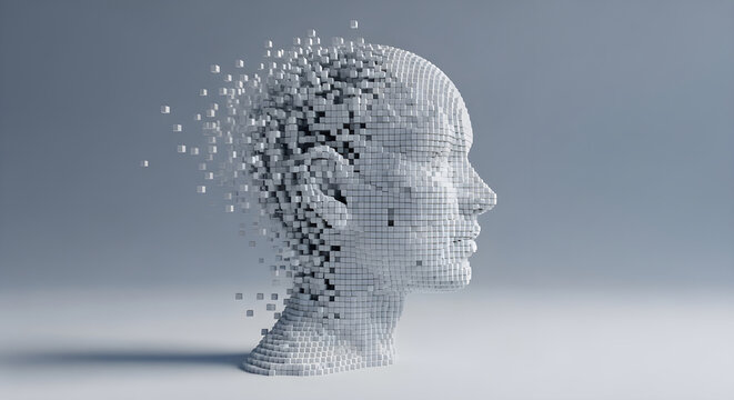 Human head profile made of 3d digital cubes dissolving into pixels isolated on white background