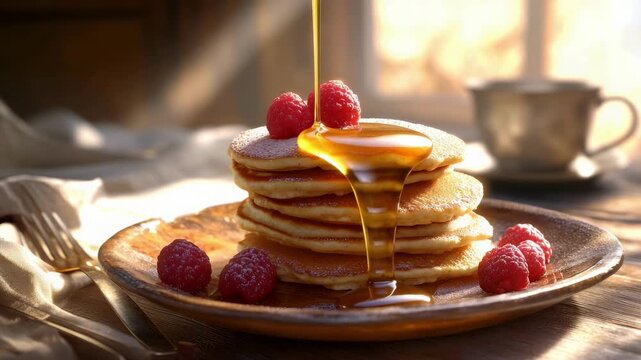 Maple syrup or honey drizzles over a stack of golden fluffy pancakes topped with fresh raspberries. Soft morning light