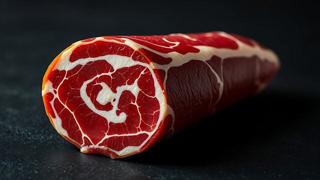 Close-up of capicola, showcasing deep red meat with intricate white fat marbling.