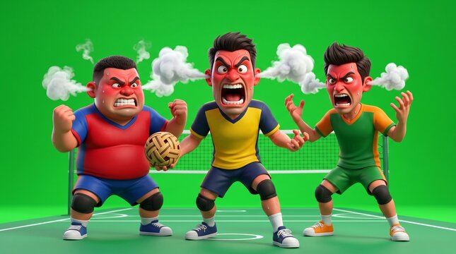Three Angry Cartoon Characters Playing Sepak Takraw with Intense Expressions.
