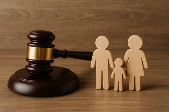 A wooden gavel rests beside three wooden figures representing a family. The scene symbolizes family law, divorce, and child custody proceedings in a courtroom setting.