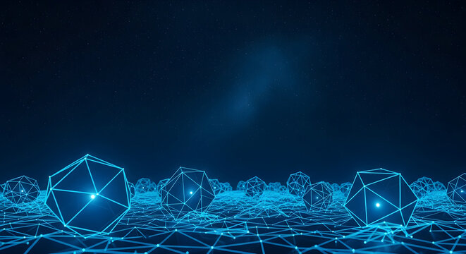 Futuristic digital landscape with glowing geometric polyhedrons