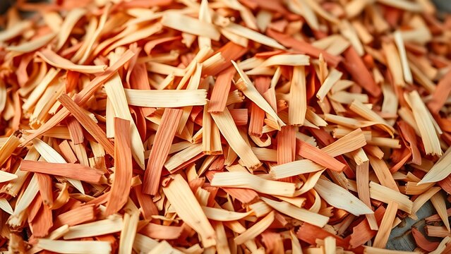 Pile of vibrant orange-red padauk wood shavings contrasted with pale shavings.