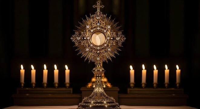 Golden Monstrance on altar with candles in Corpus Christi church interior